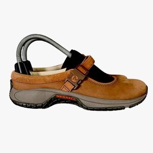 Merrell Womens 7 Brown Nubuck Suede Mary Jane Buckle Strap Air Cushion Shoes